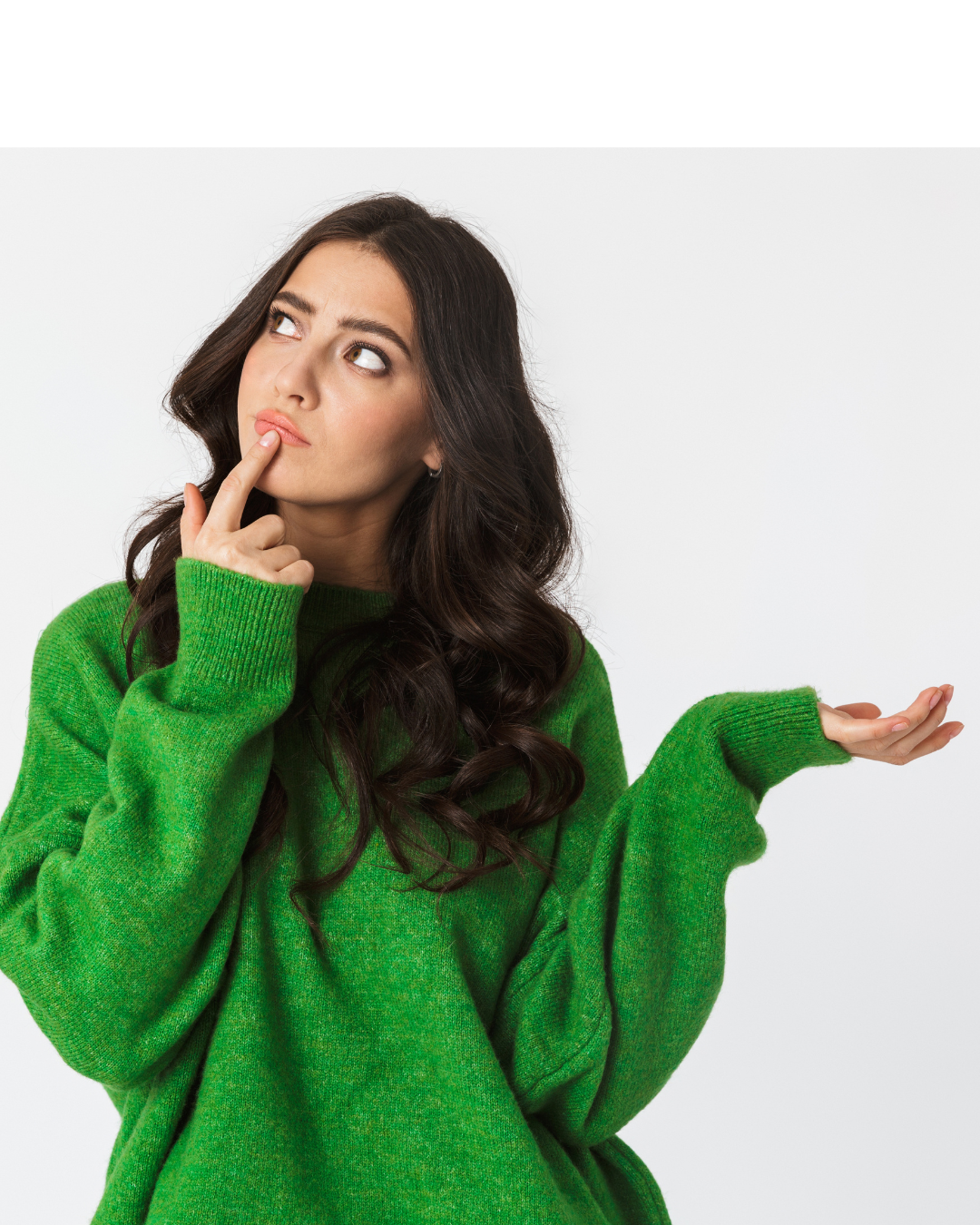 Thoughtful woman in green sweater weighing both sides, illustrating emotional conflict and the idea that two things can be true